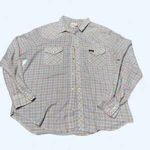 vintage pearl snap long sleeve button-up blue red and white